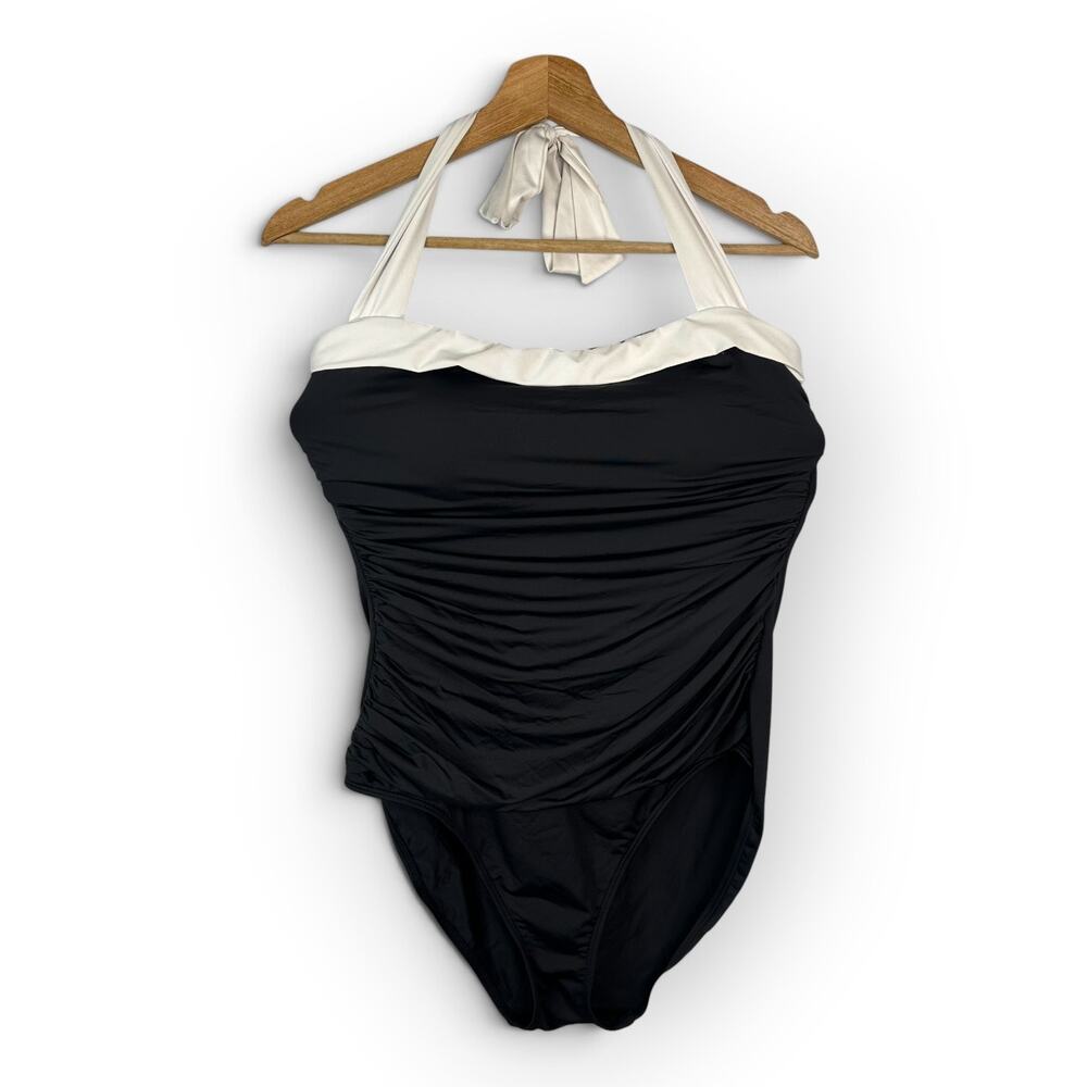 Ralph Lauren Sz 14 XXL Black White Halter One Piece Swimsuit Ruched Classic